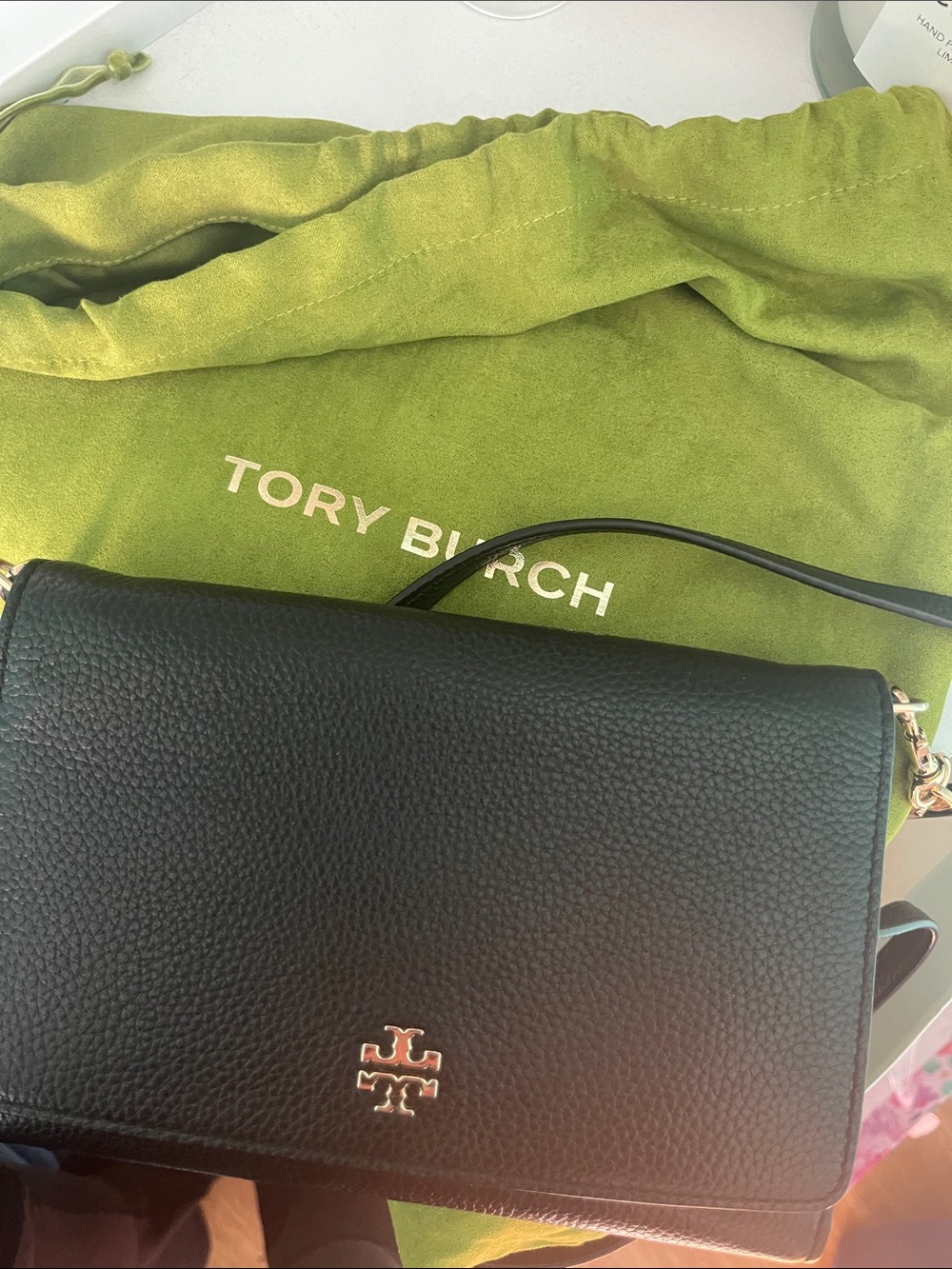 Tory Burch Black Pebbled Leather Crossbody with Gold Logo